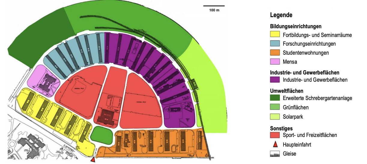 Farbiger Lageplan eines Bildungs- und Gewerbecampus mit Sportflächen, Studentenwohnungen, Grünflächen und Solaranlage.